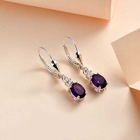 Amethyst and White Topaz Lever Back Earrings in Sterling Silver 1.67 Ct.