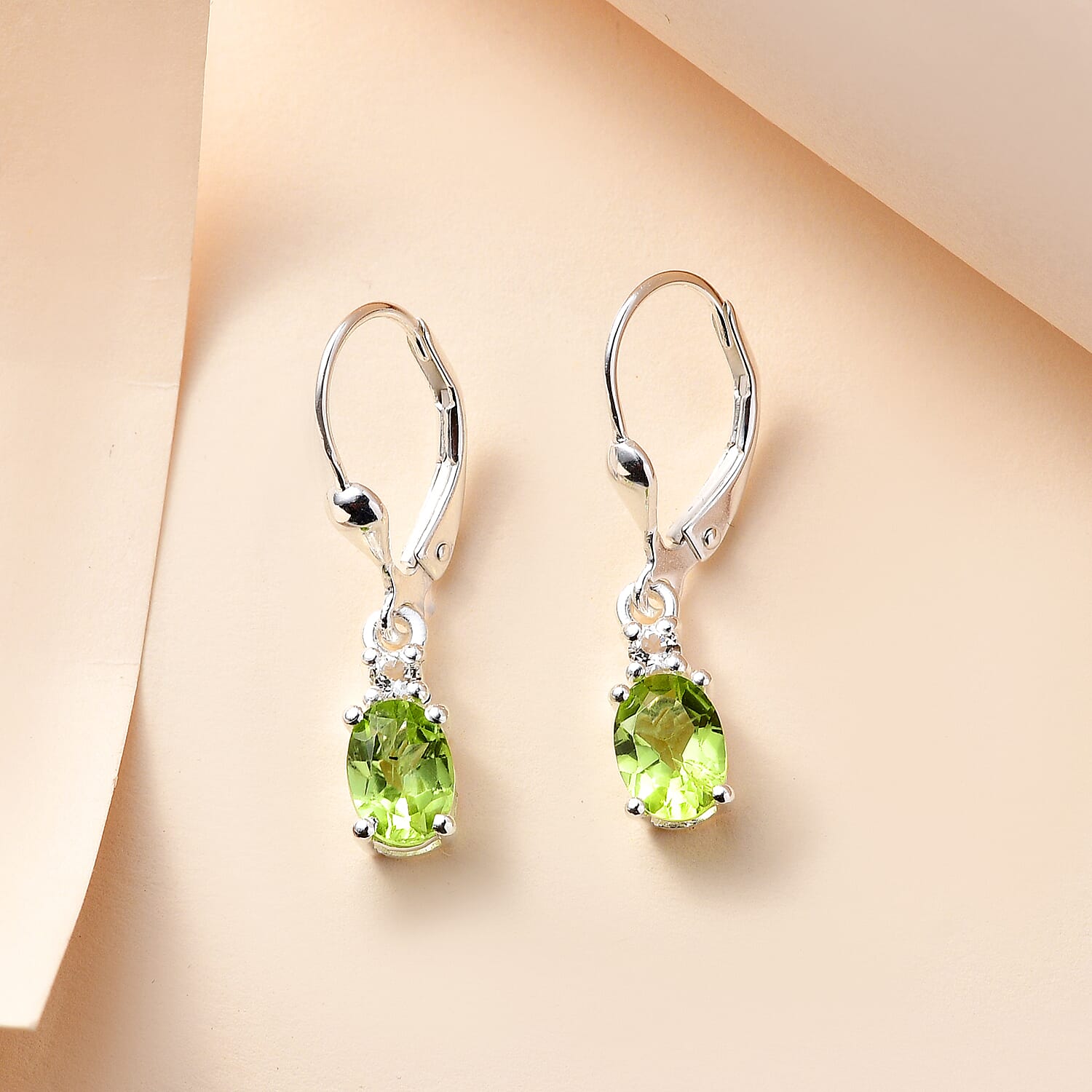 Hebei Peridot and White Topaz Lever Back Earrings in Sterling Silver 1.63 Ct.