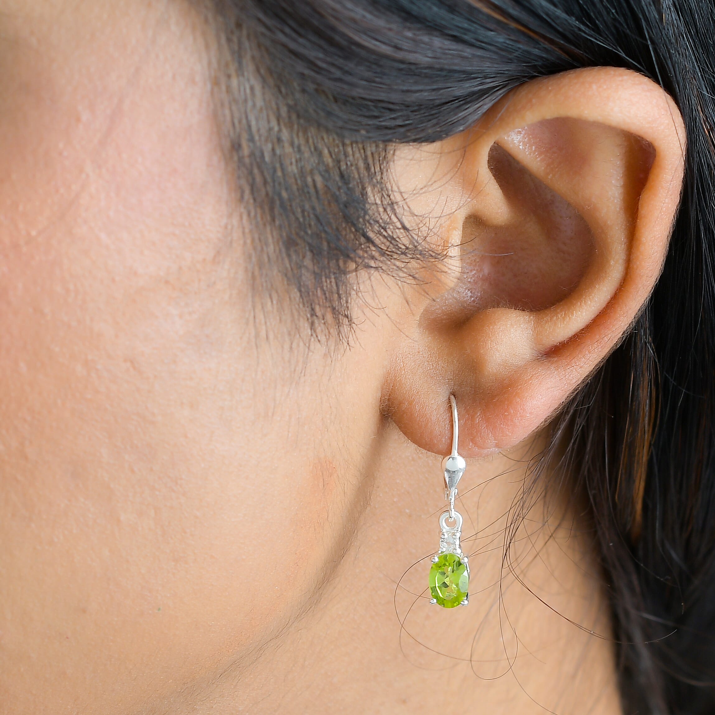 Hebei Peridot and White Topaz Lever Back Earrings in Sterling Silver 1.63 Ct.