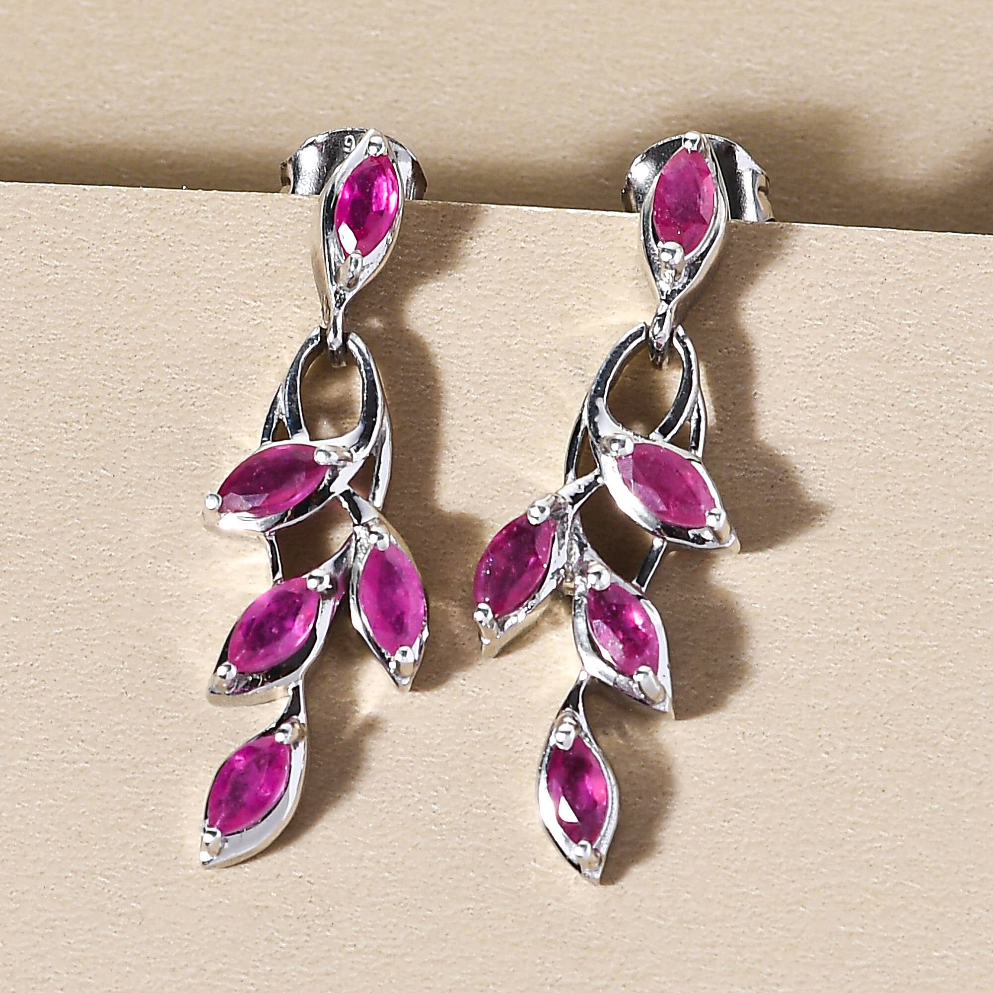 African Ruby (FF) Dangling Earrings (With Push Back) in Platinum Overlay Sterling Silver 2.05 Ct.