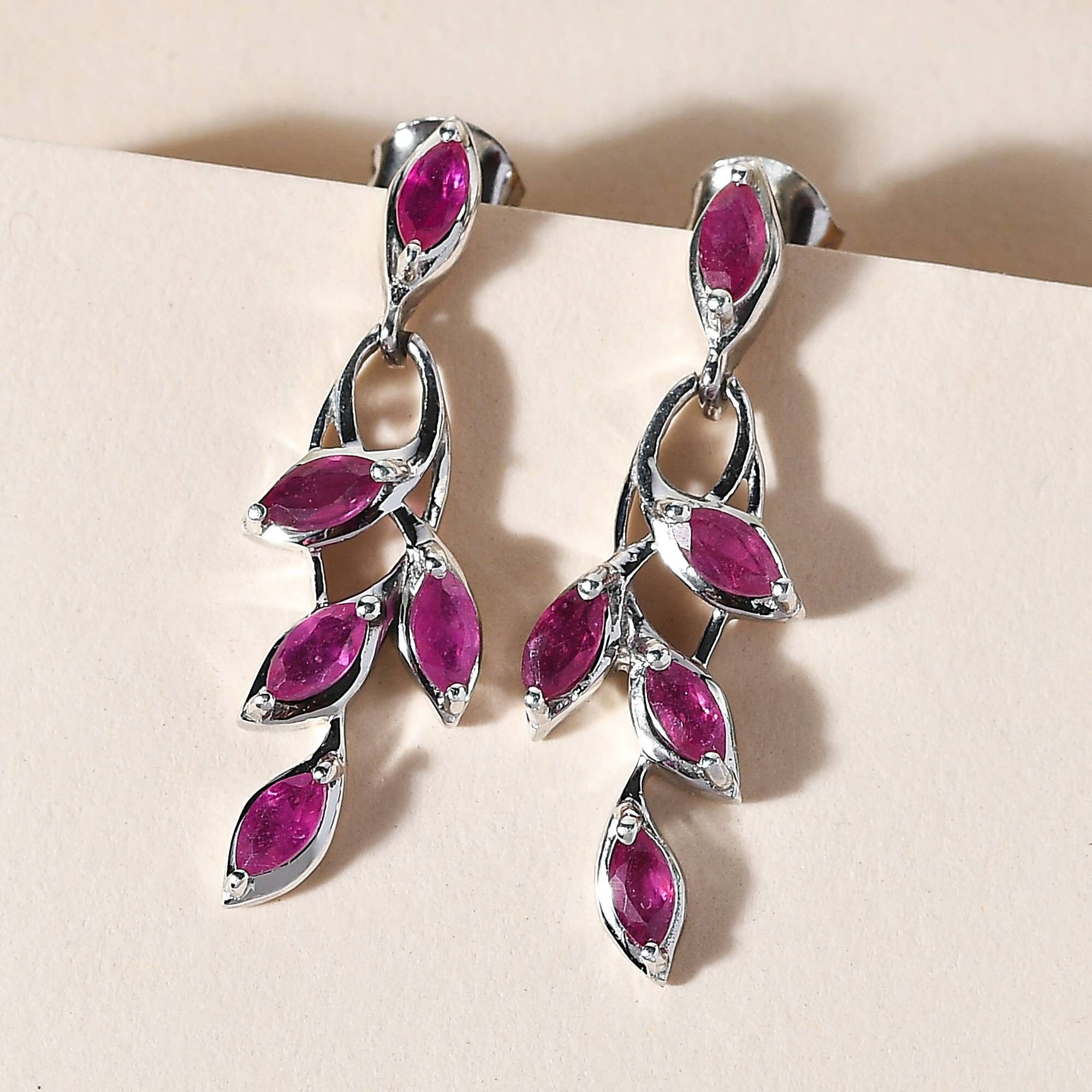 African Ruby (FF) Dangling Earrings (With Push Back) in Platinum Overlay Sterling Silver 2.05 Ct.