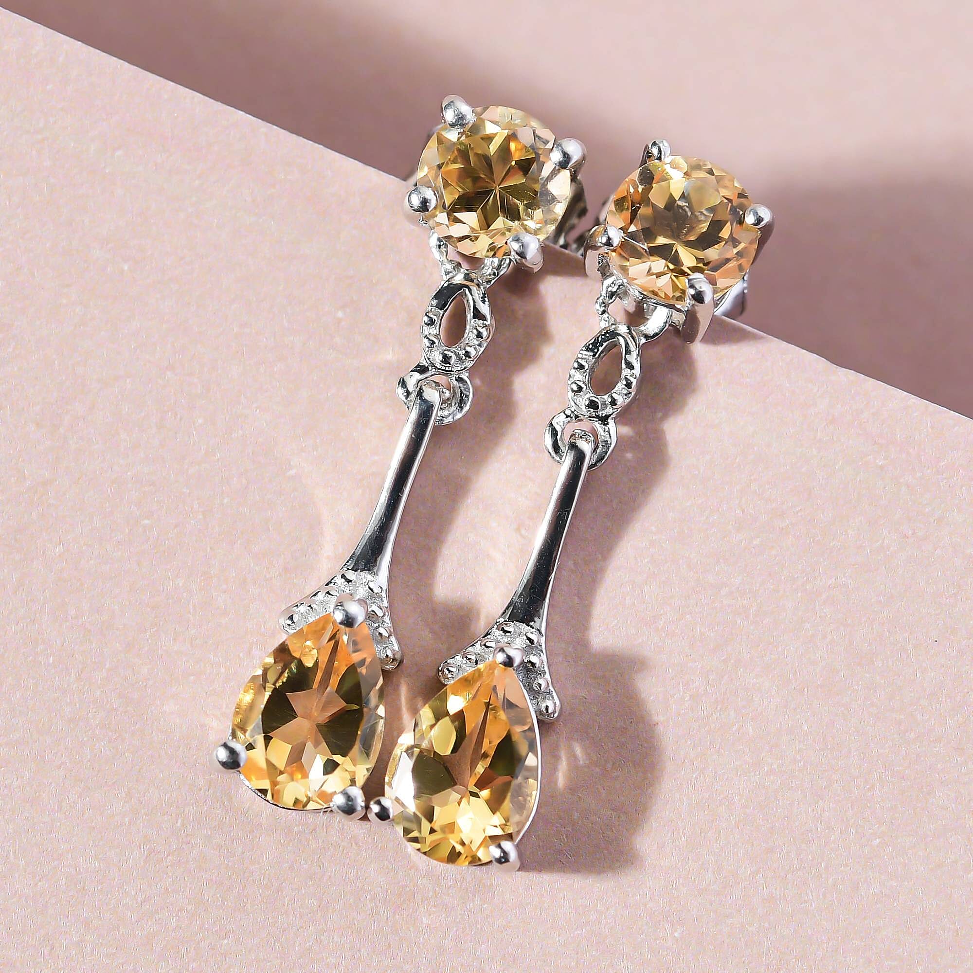Citrine Dangling Earrings (With Push Back ) in Platinum Overlay Sterling Silver 2.09 Ct.