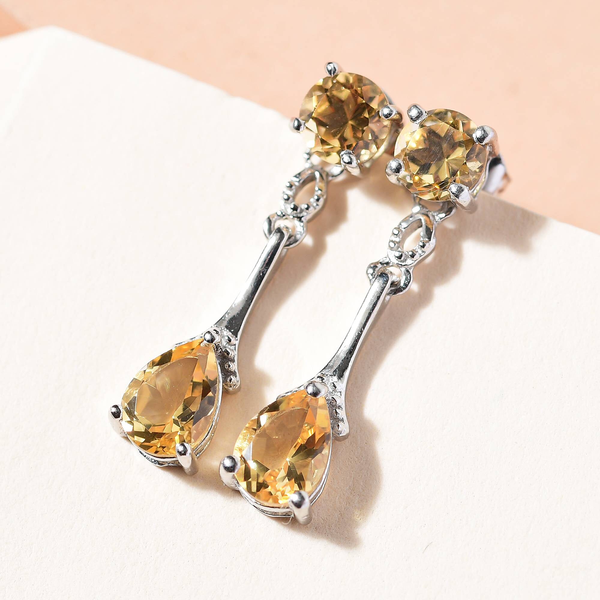 Citrine Dangling Earrings (With Push Back ) in Platinum Overlay Sterling Silver 2.09 Ct.