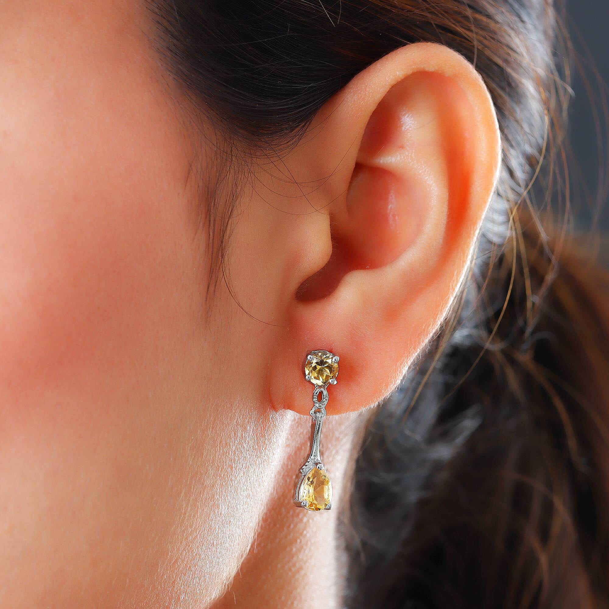 Citrine Dangling Earrings (With Push Back ) in Platinum Overlay Sterling Silver 2.09 Ct.