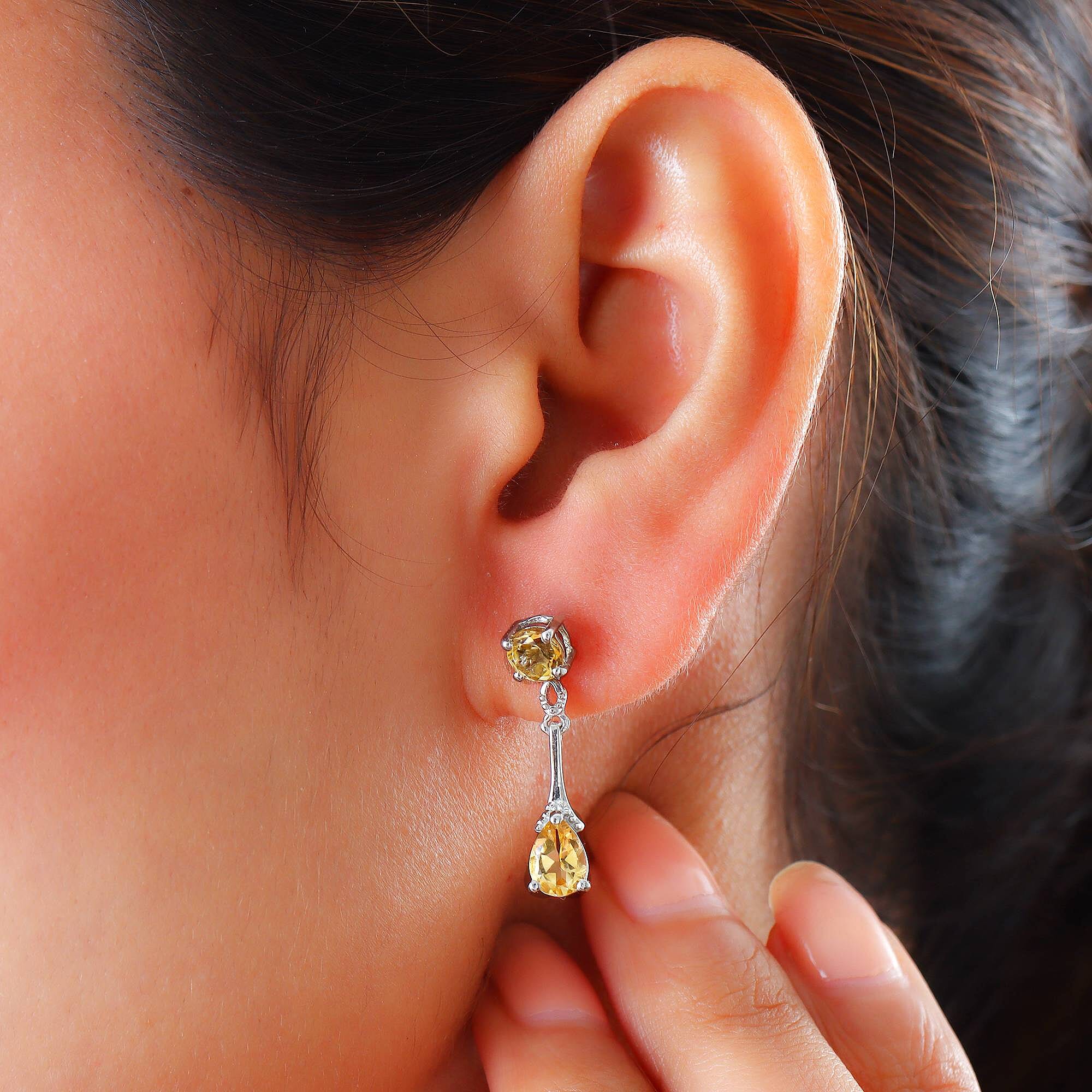 Citrine Dangling Earrings (With Push Back ) in Platinum Overlay Sterling Silver 2.09 Ct.