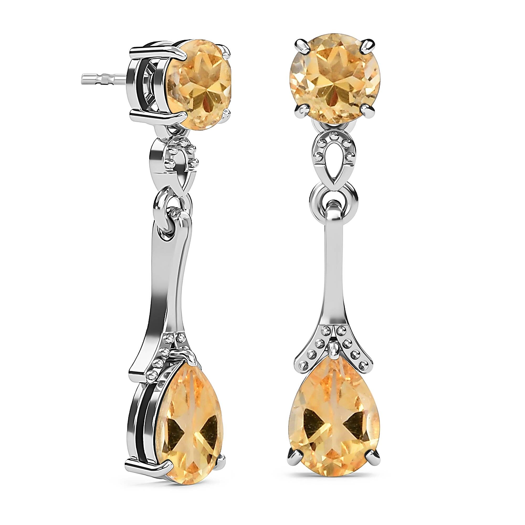 Citrine Dangling Earrings (With Push Back ) in Platinum Overlay Sterling Silver 2.09 Ct.
