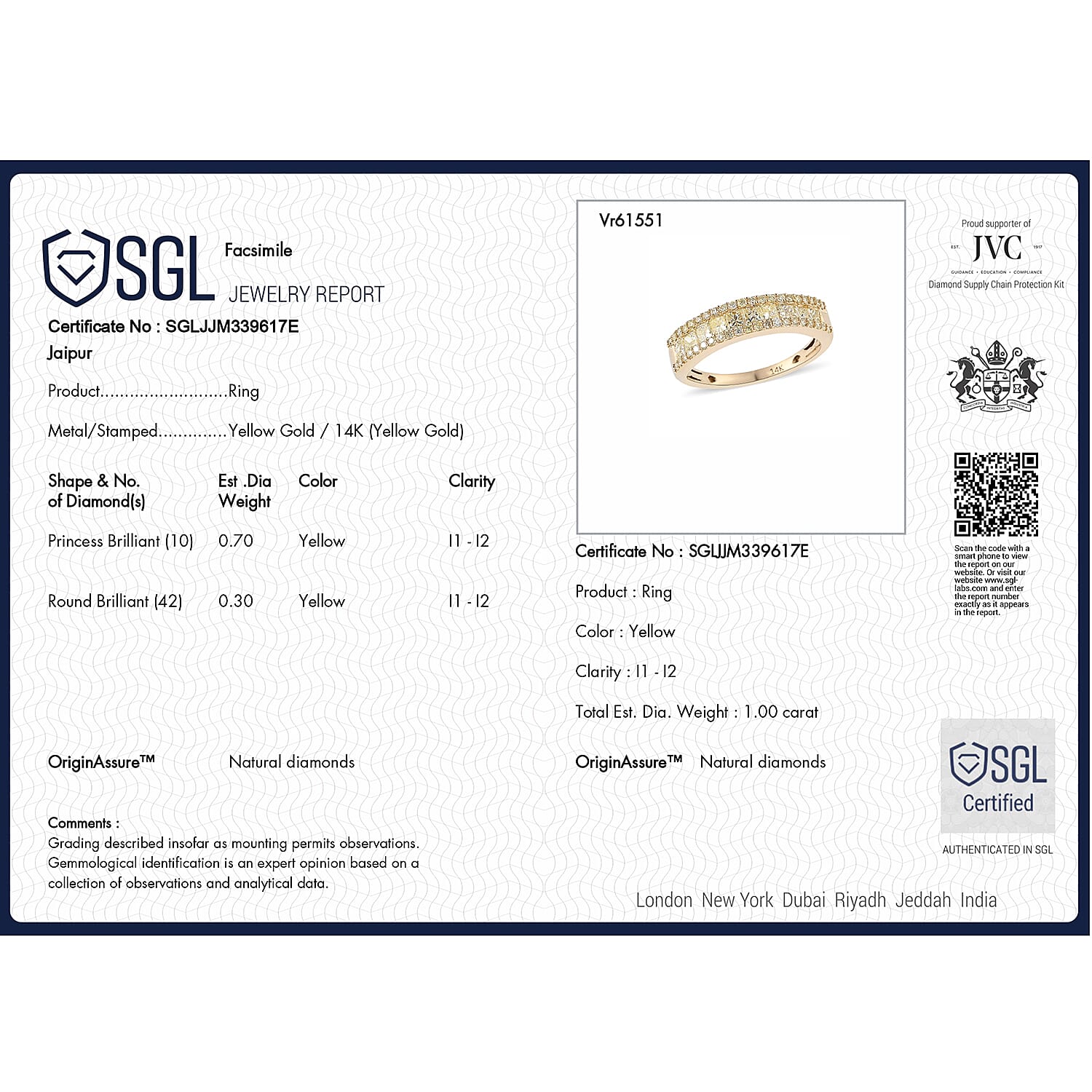 14K Yellow Gold SGL Certified Natural Yellow Diamond (I1-I2) Band Ring 1.00 Ct.