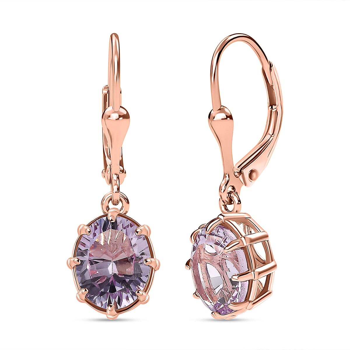 Rose De France Amethyst Solitaire Earrings with Lever Back in 18K Vermeil Rose Gold Plated Sterling Silver 3.41 Ct.