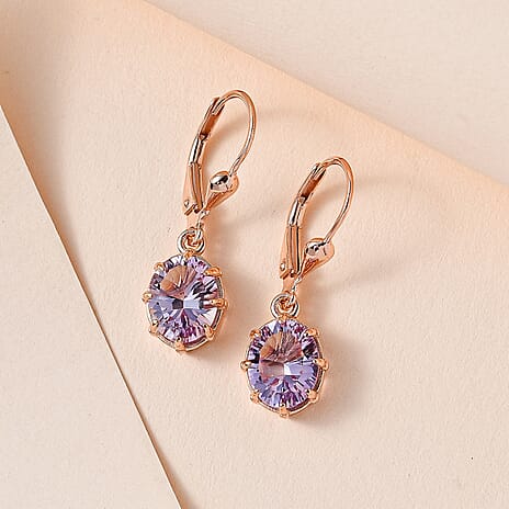 Rose De France Amethyst Solitaire Earrings with Lever Back in 18K Vermeil Rose Gold Plated Sterling Silver 3.41 Ct.