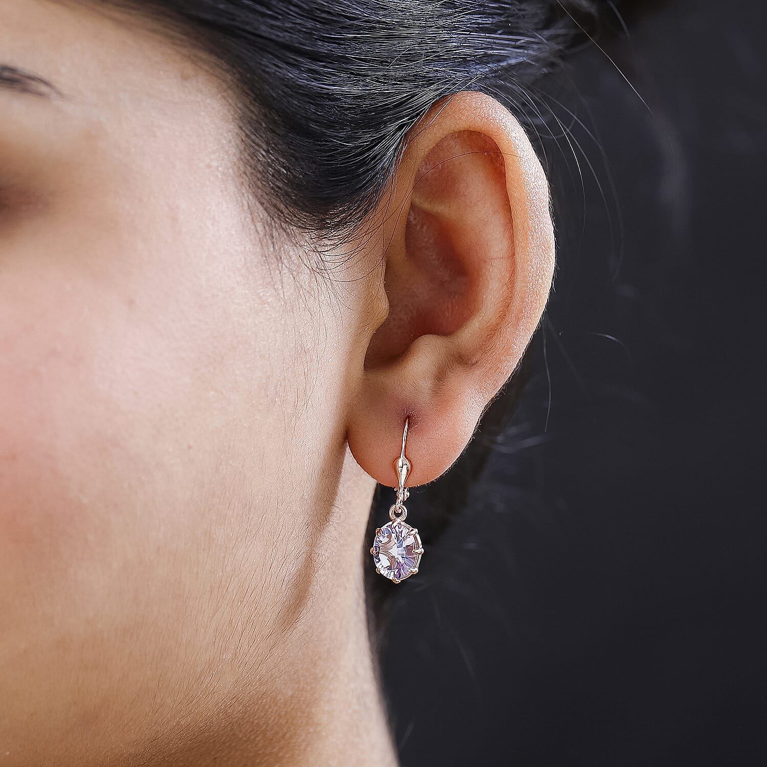 Rose De France Amethyst Solitaire Earrings with Lever Back in 18K Vermeil Rose Gold Plated Sterling Silver 3.41 Ct.