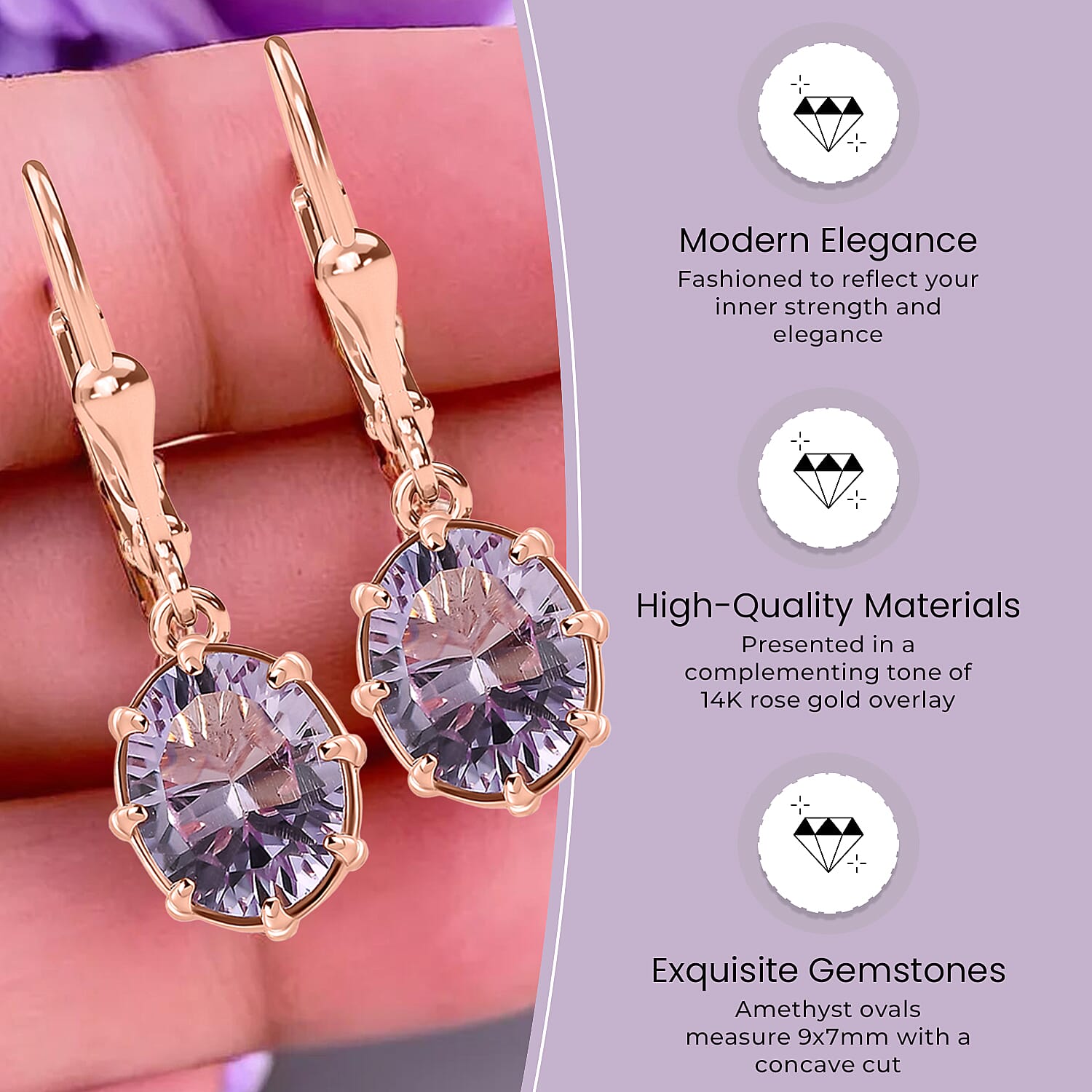 Rose De France Amethyst Solitaire Earrings with Lever Back in 18K Vermeil Rose Gold Plated Sterling Silver 3.41 Ct.