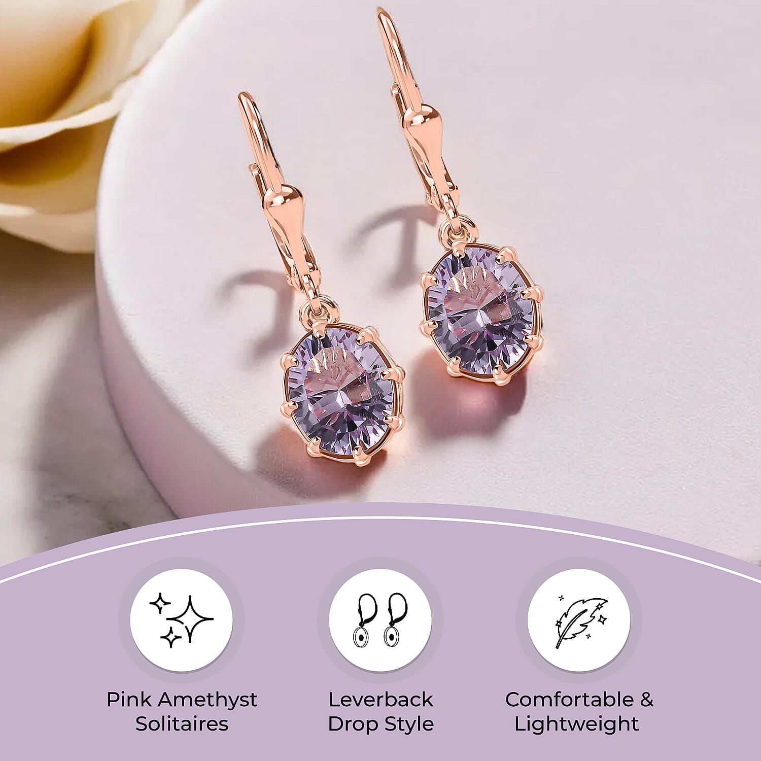 Rose De France Amethyst Solitaire Earrings with Lever Back in 18K Vermeil Rose Gold Plated Sterling Silver 3.41 Ct.
