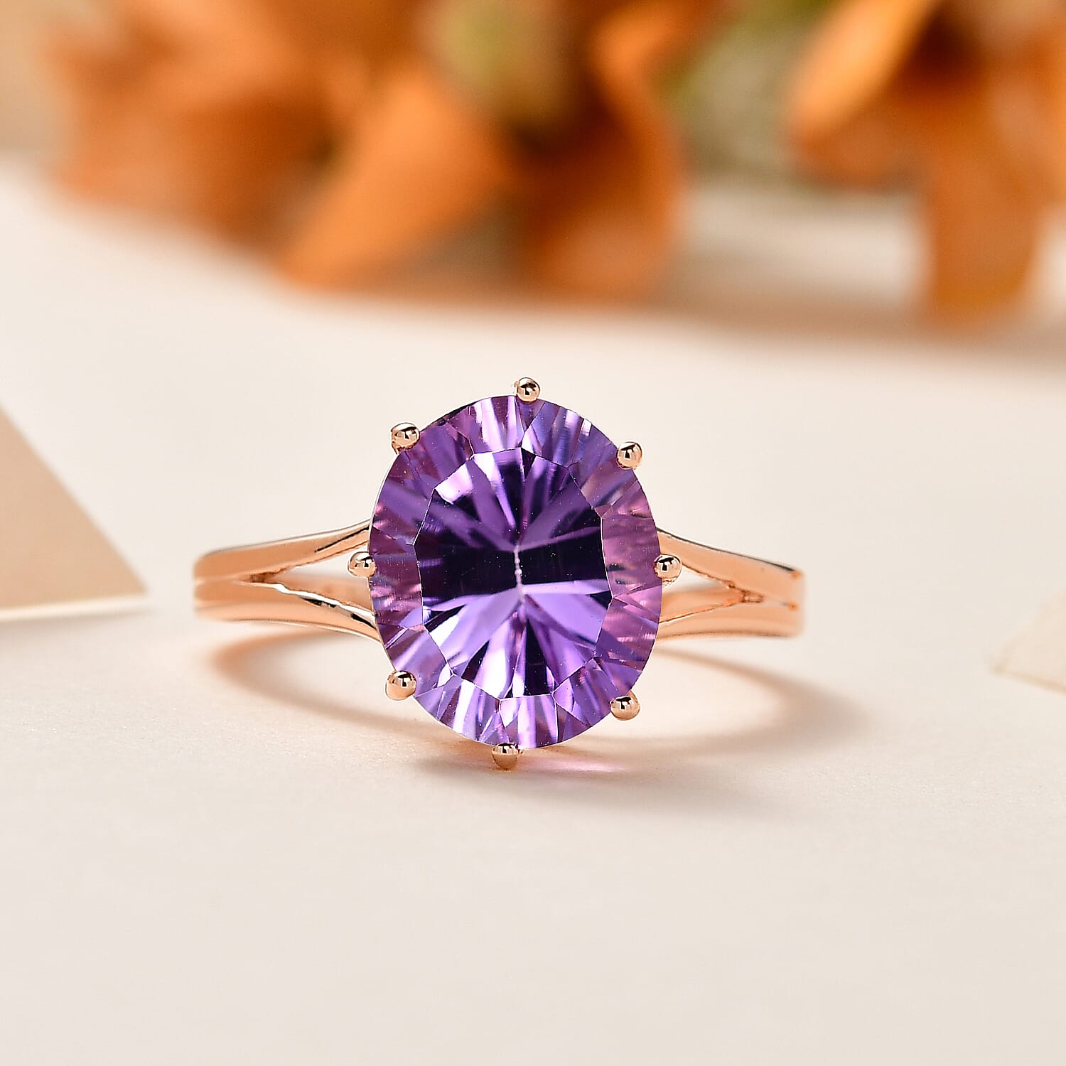 D'Joy Pink Amethyst Solitaire Ring in 18K Vermeil Rose Gold Plated Sterling Silver 3.27 Ct.