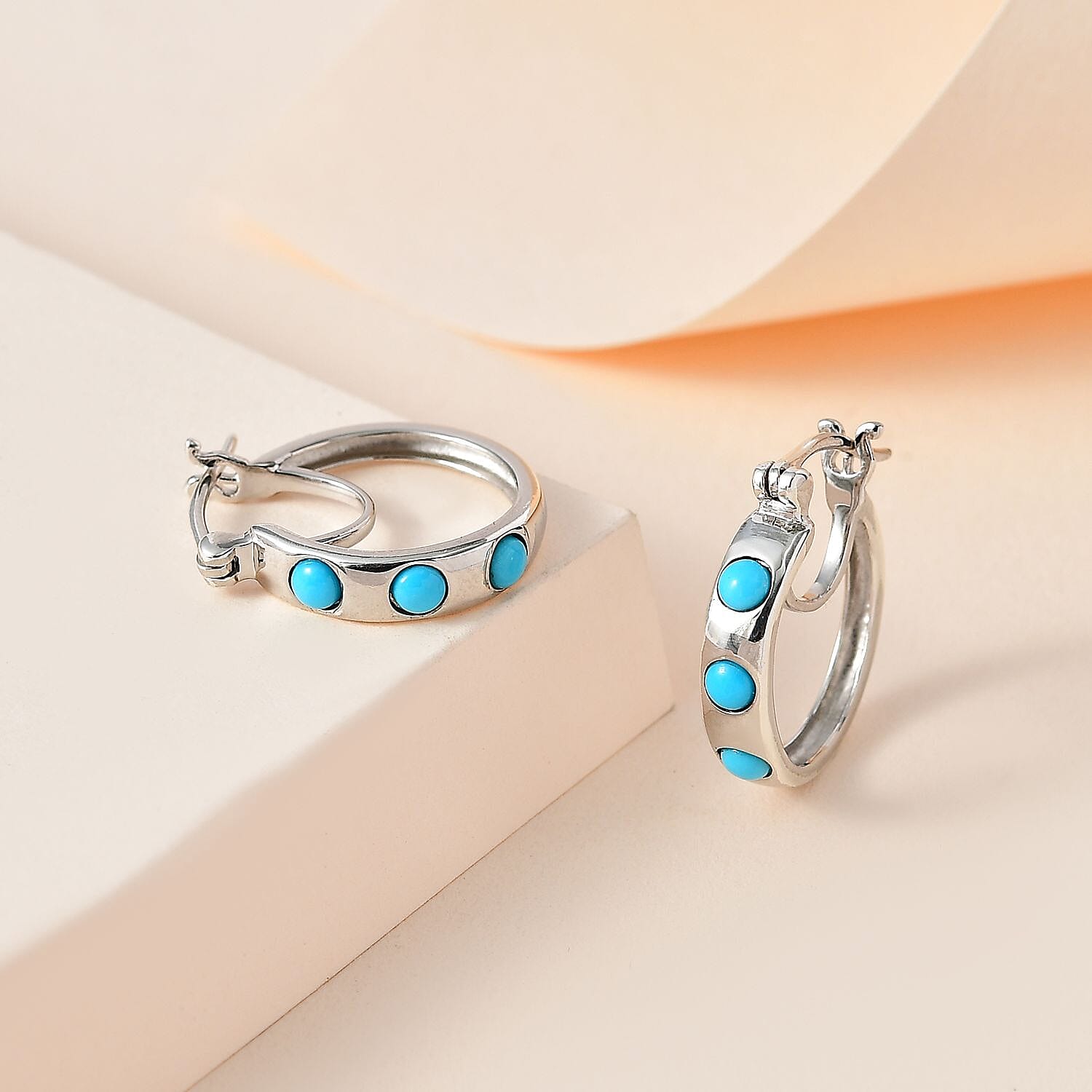 Arizona Sleeping Beauty Turquoise Hoop Earrings in Platinum Overlay Sterling Silver