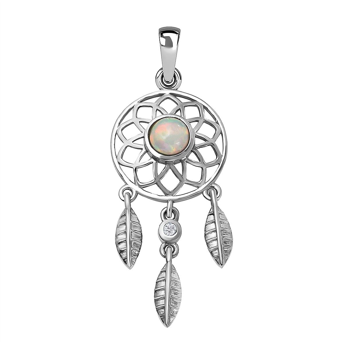 Ethiopian Welo Opal & Natural Zircon Dream Catcher Pendant in Platinum Overlay Sterling Silver