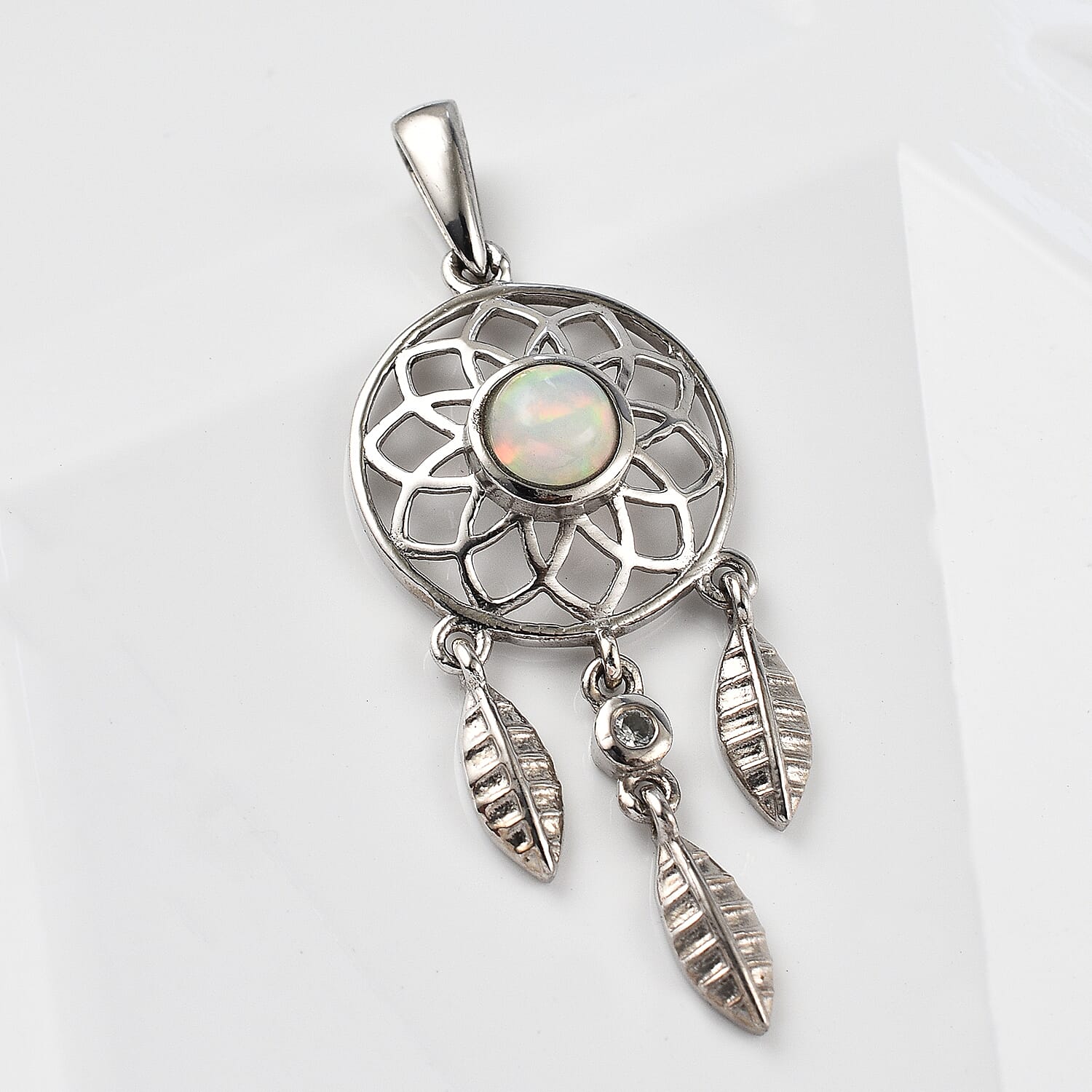 Ethiopian Welo Opal & Natural Zircon Dream Catcher Pendant in Platinum Overlay Sterling Silver