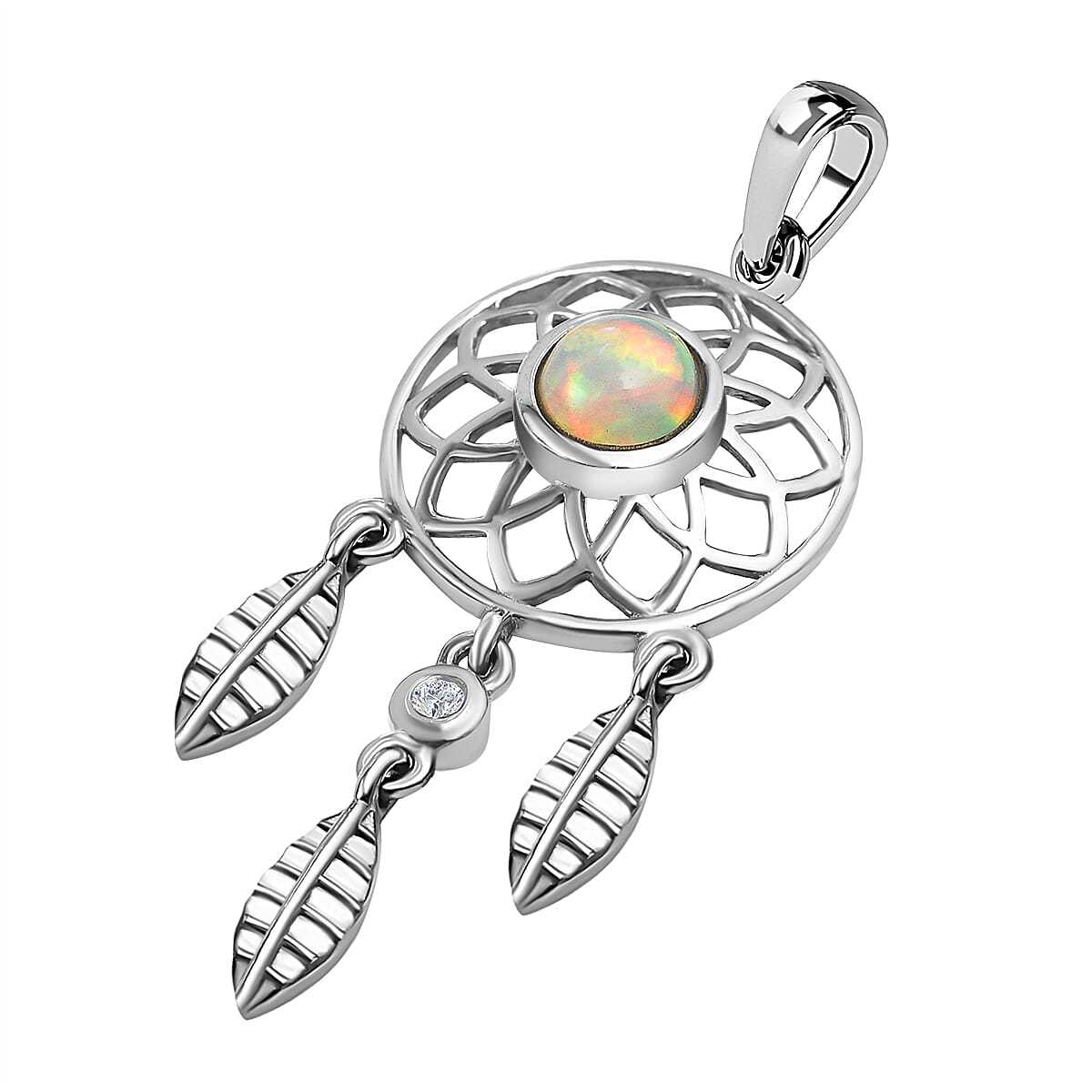 Ethiopian Welo Opal & Natural Zircon Dream Catcher Pendant in Platinum Overlay Sterling Silver