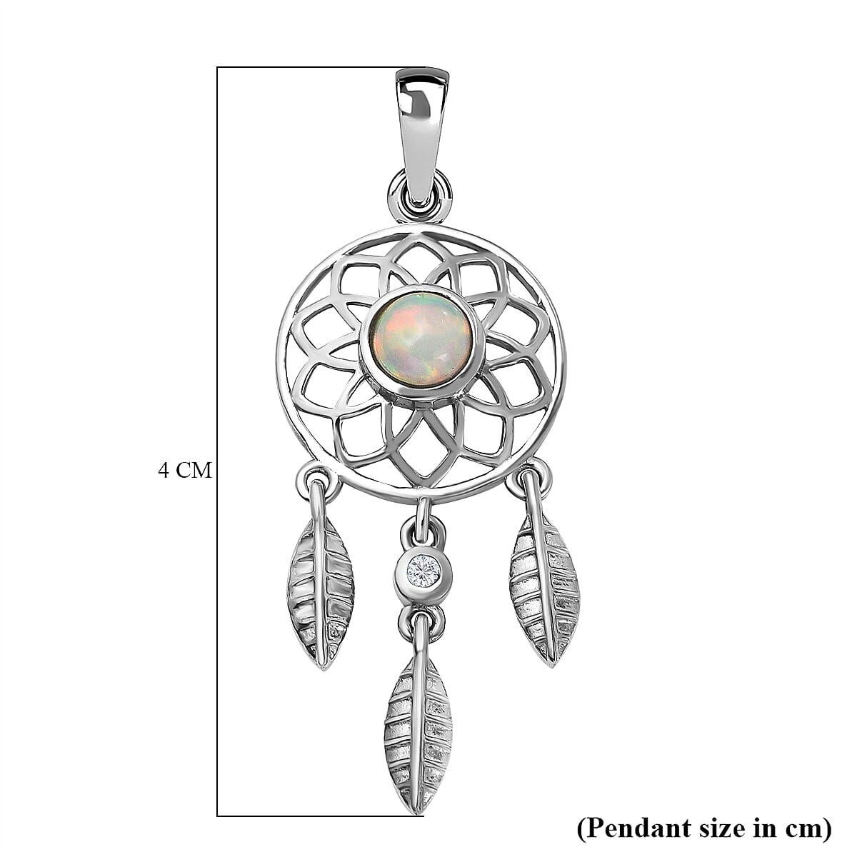 Ethiopian Welo Opal & Natural Zircon Dream Catcher Pendant in Platinum Overlay Sterling Silver