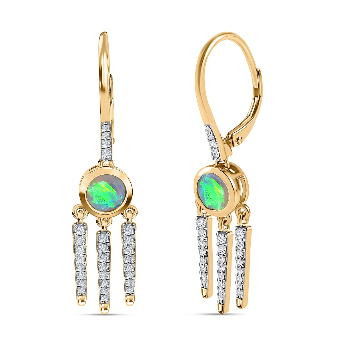 Ethiopian Welo Opal & Natural Cambodian Zircon Dangle Earrings in 18K Yellow Gold Vermeil Plated Sterling Silver 1.59 Ct.