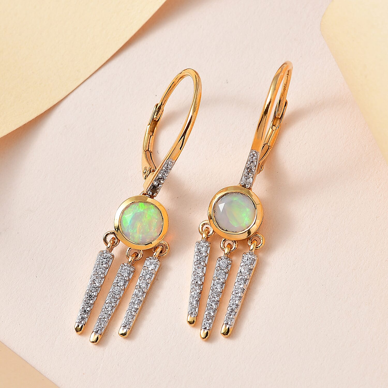 Ethiopian Welo Opal & Natural Cambodian Zircon Dangle Earrings in 18K Yellow Gold Vermeil Plated Sterling Silver 1.59 Ct.