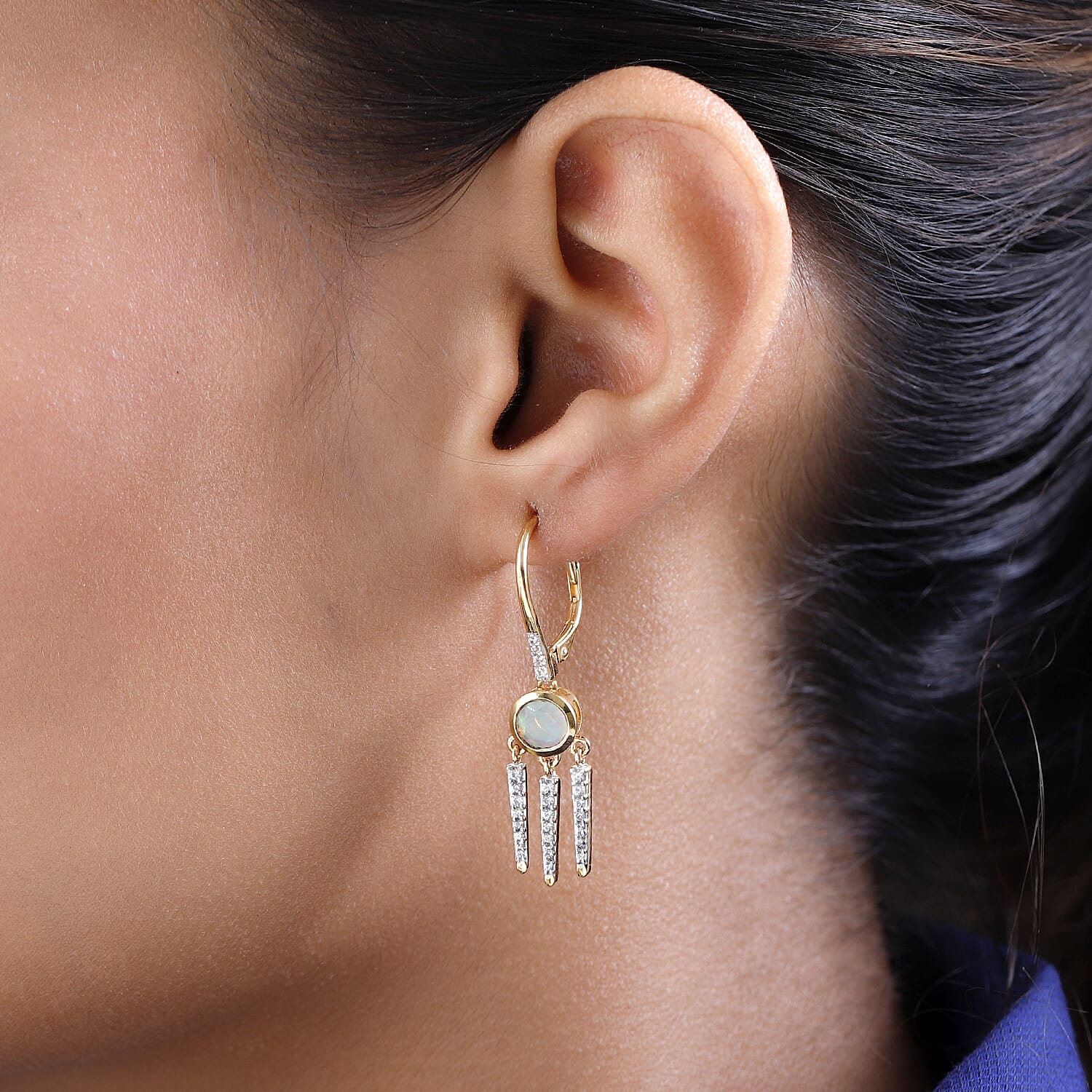 Ethiopian Welo Opal & Natural Cambodian Zircon Dangle Earrings in 18K Yellow Gold Vermeil Plated Sterling Silver 1.59 Ct.