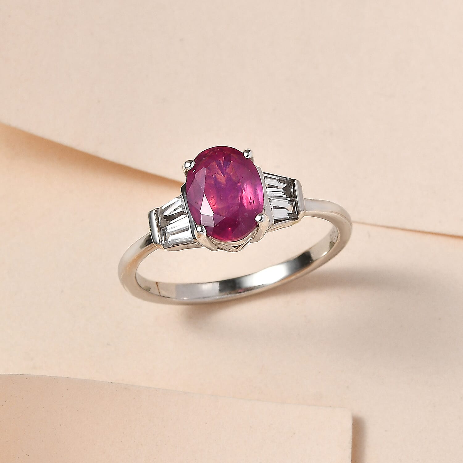 ILAKAKA Hot Pink Sapphire and Natural Zircon Ring in Platinum Overlay Sterling Silver 2.20 Ct