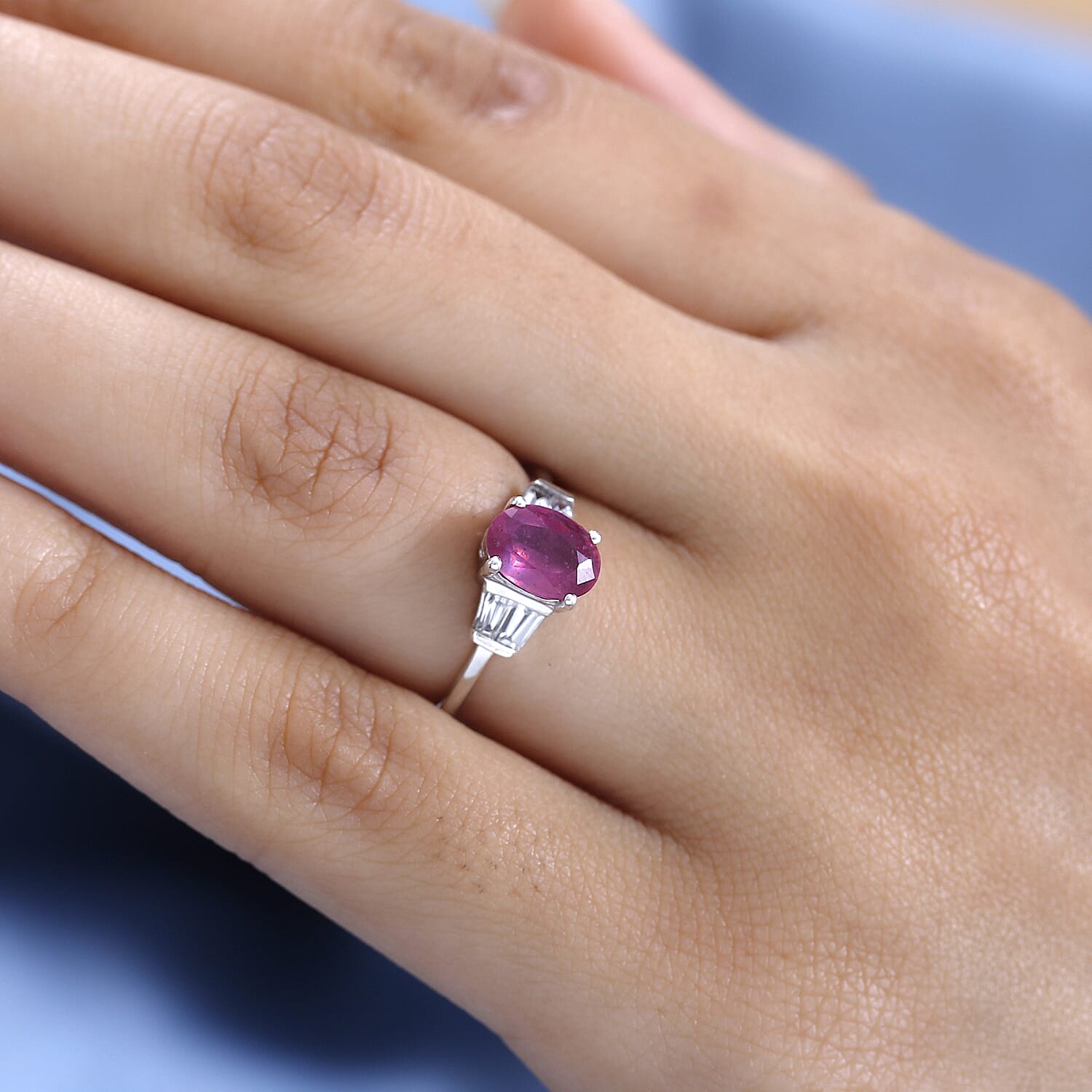 ILAKAKA Hot Pink Sapphire and Natural Zircon Ring in Platinum Overlay Sterling Silver 2.20 Ct