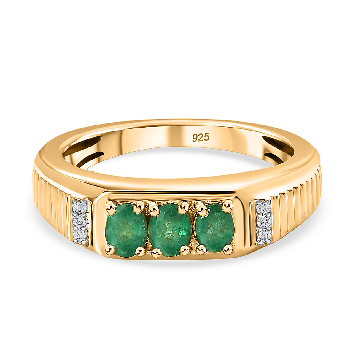 Premium Emerald & Natural Zircon Ring in 18K Yellow Gold Vermeil Plated Sterling Silver
