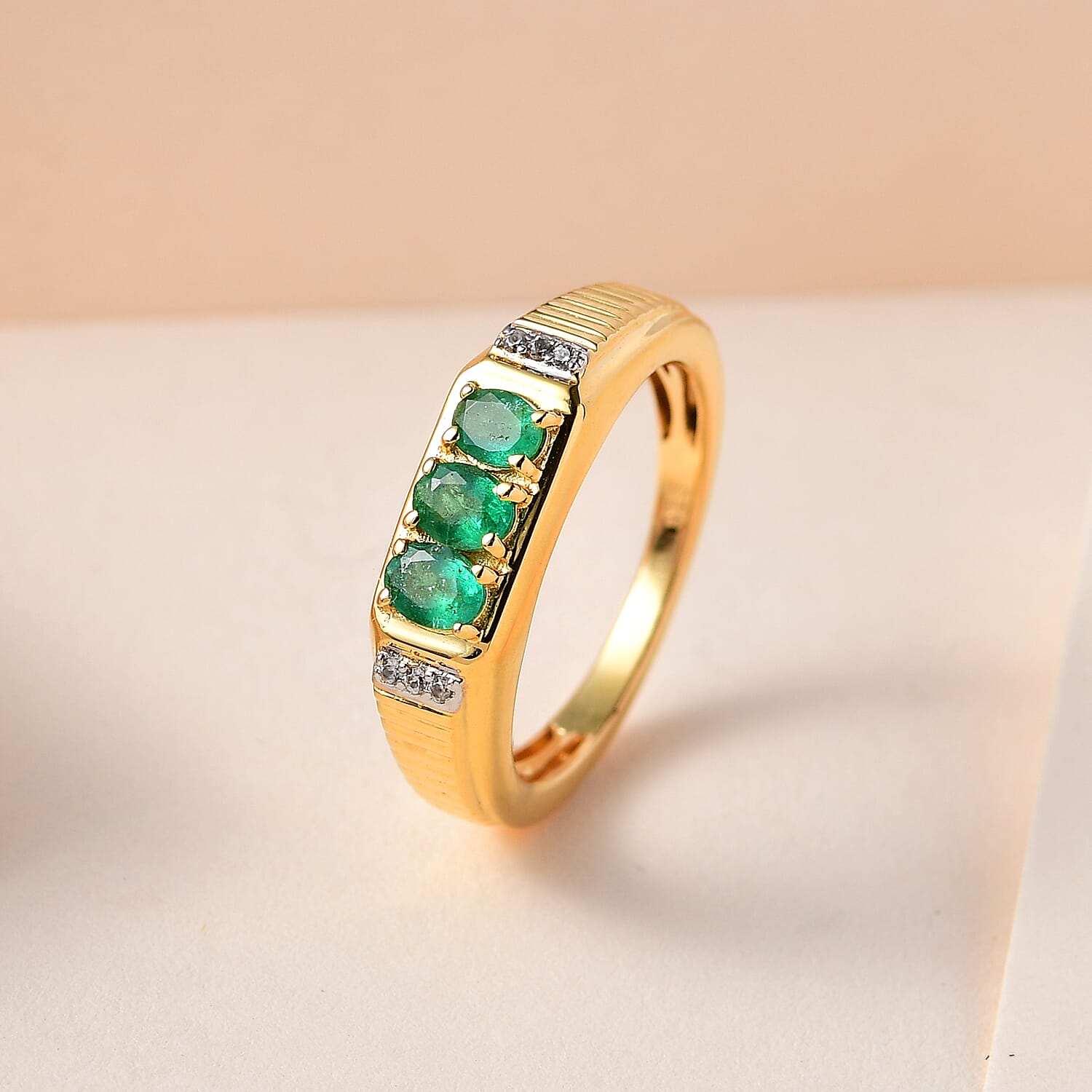 Premium Emerald & Natural Zircon Ring in 18K Yellow Gold Vermeil Plated Sterling Silver