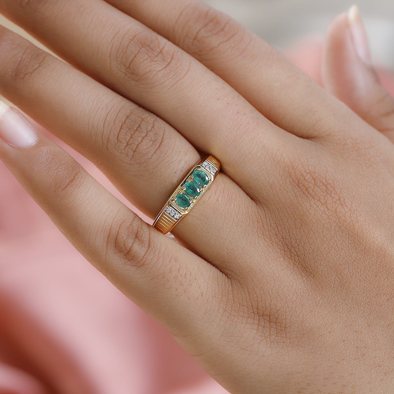 Premium Emerald & Natural Zircon Ring in 18K Yellow Gold Vermeil Plated Sterling Silver