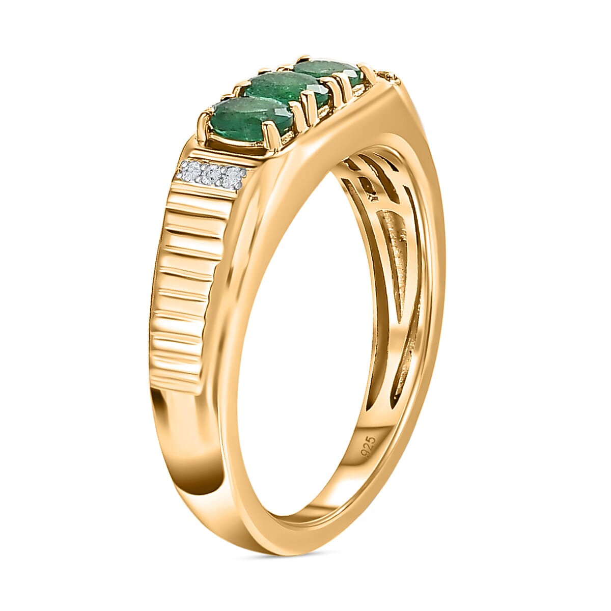 Premium Emerald & Natural Zircon Ring in 18K Yellow Gold Vermeil Plated Sterling Silver