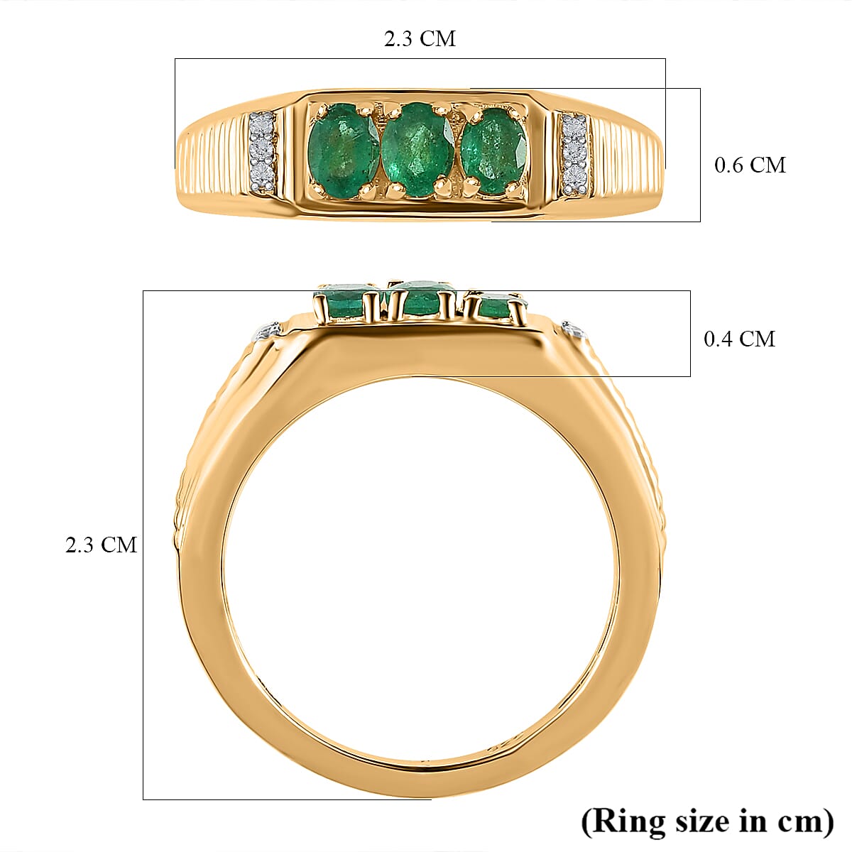 Premium Emerald & Natural Zircon Ring in 18K Yellow Gold Vermeil Plated Sterling Silver