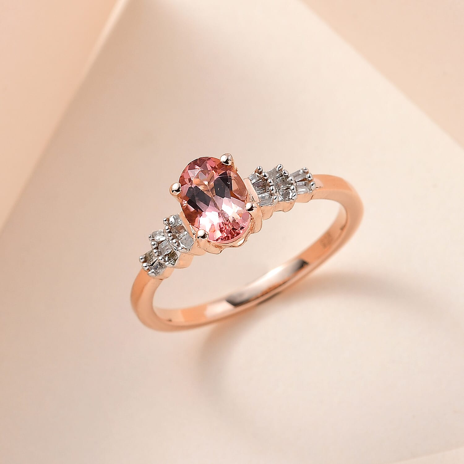 Blush Tourmaline & Diamond Ring in 18K Rose Gold Vermeil Plated Sterling Silver