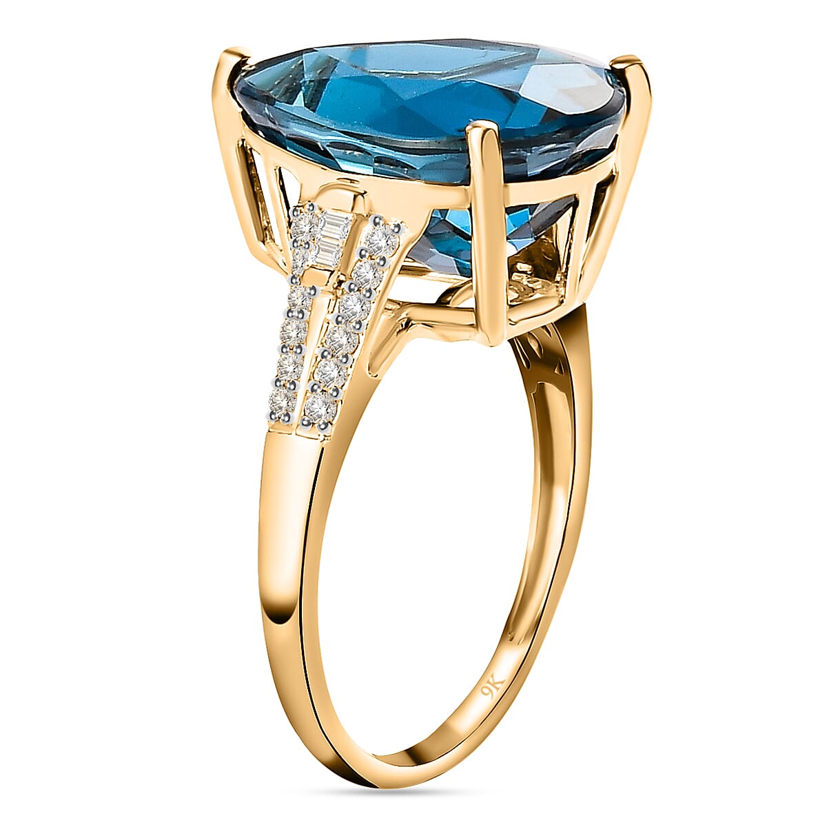 9K Yellow Gold Marambaia London Blue Topaz (Pear 16x12mm, 10.81 Ct) and Diamond (0.25 Ct.) Ring 11.06 Ct.