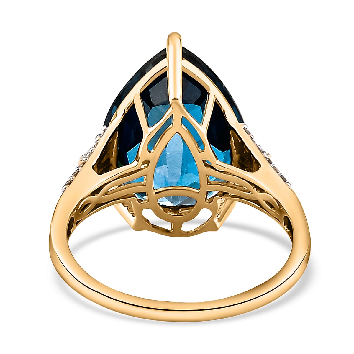 9K Yellow Gold Marambaia London Blue Topaz (Pear 16x12mm, 10.81 Ct) and Diamond (0.25 Ct.) Ring 11.06 Ct.
