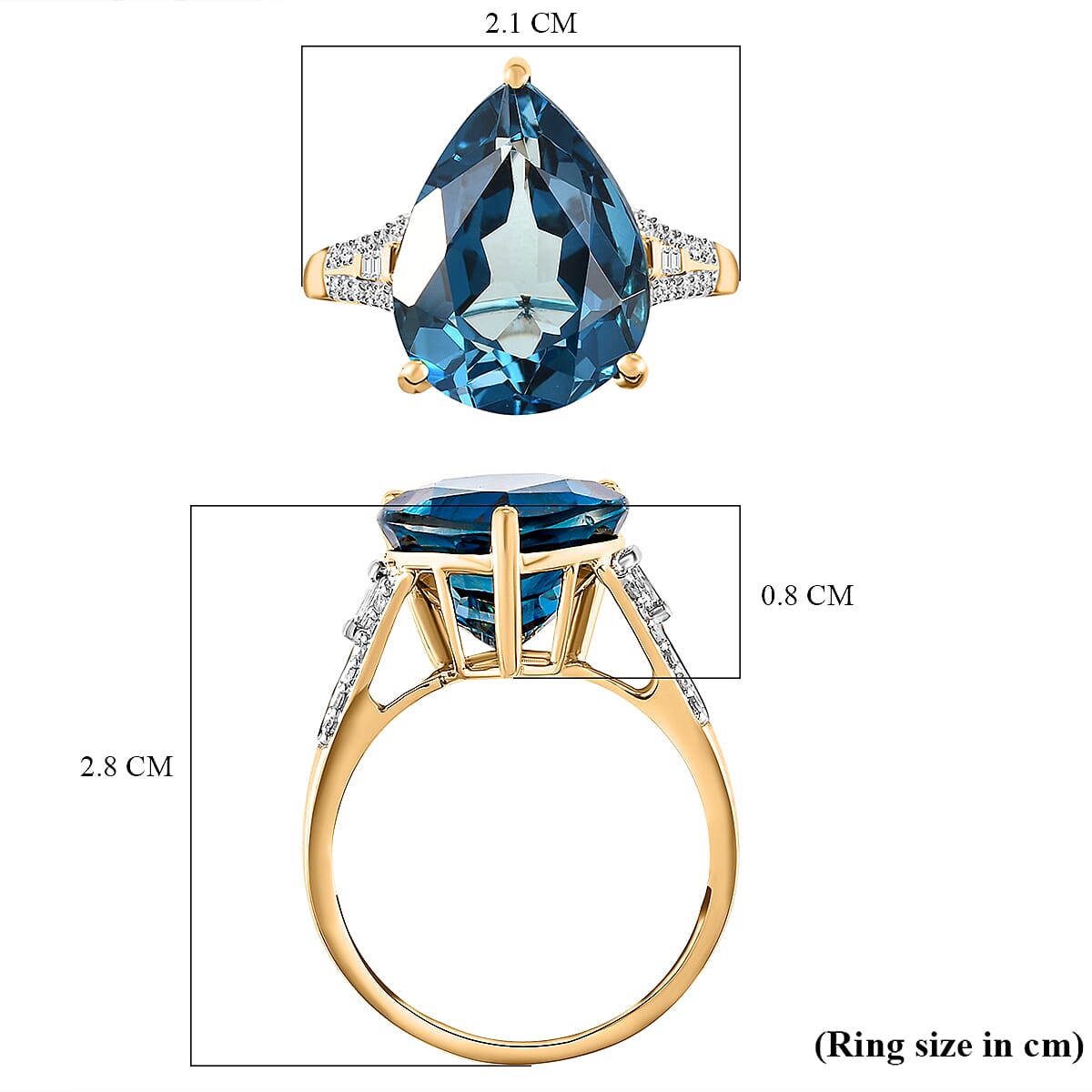 9K Yellow Gold Marambaia London Blue Topaz (Pear 16x12mm, 10.81 Ct) and Diamond (0.25 Ct.) Ring 11.06 Ct.