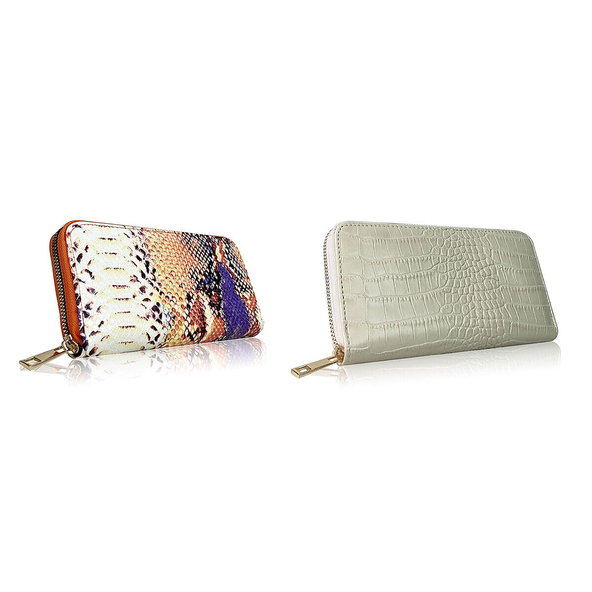 Closeout Deal - Set of 2 - Snake Pattern Zip Around Wallet (Size 19x10x3 cm) - Cream and Orange