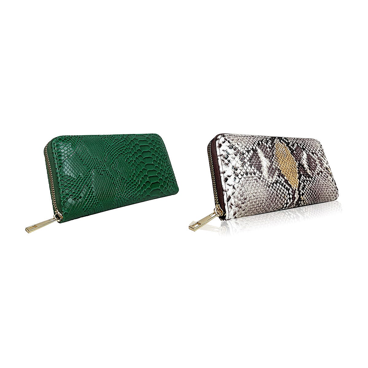 Closeout Deal - Set of 2 - Snake Pattern Zip Around Wallet (Size 19x10x3 cm) - Green and Brown
