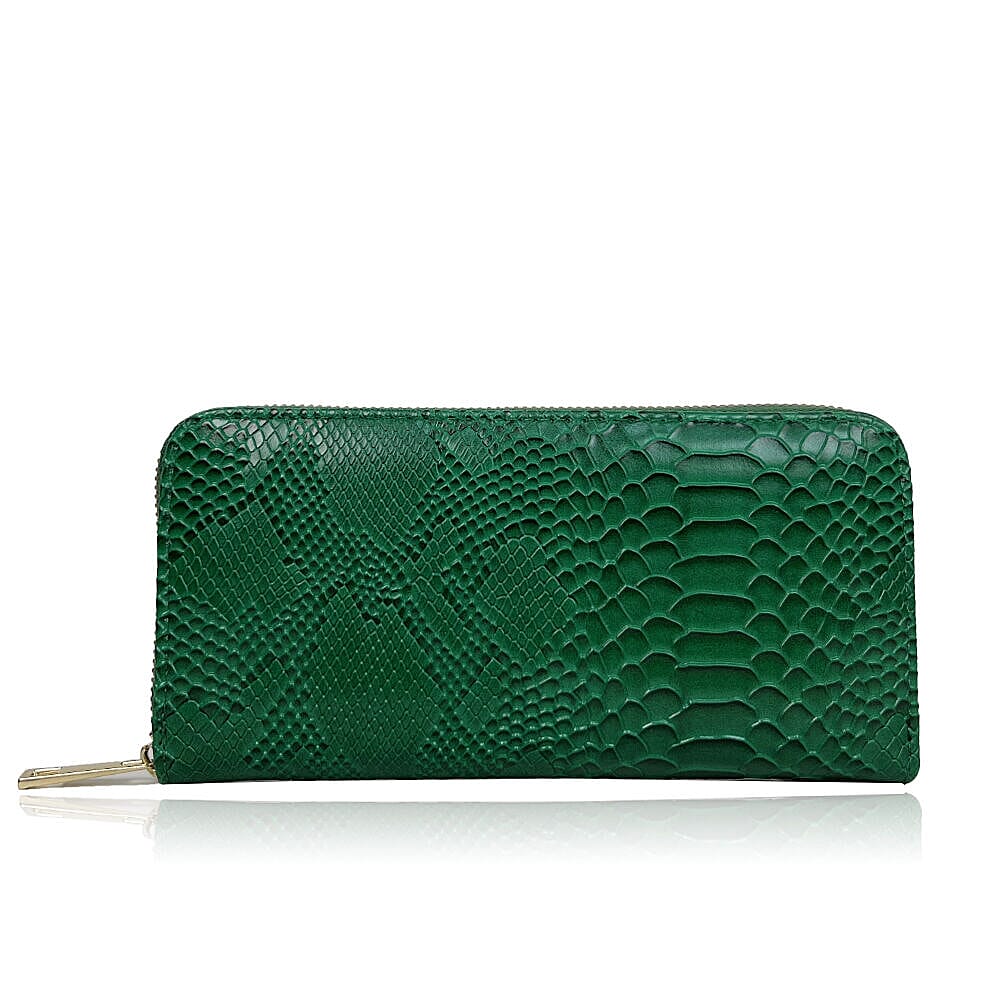 Closeout Deal - Set of 2 - Snake Pattern Zip Around Wallet (Size 19x10x3 cm) - Green and Brown