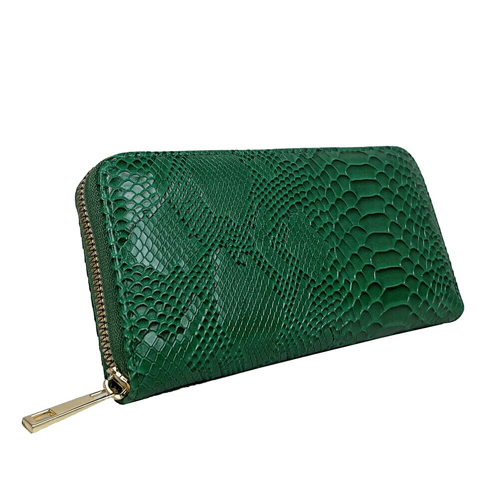 Closeout Deal - Set of 2 - Snake Pattern Zip Around Wallet (Size 19x10x3 cm) - Green and Brown