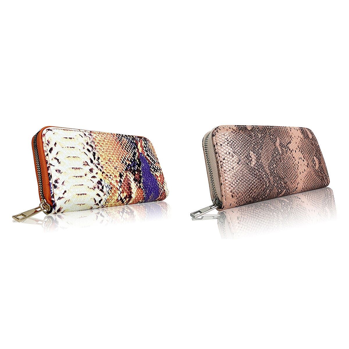 Closeout Deal - Set of 2 - Snake Pattern Zip Around Wallet (Size 19x10x3 cm) - Orange and Pink