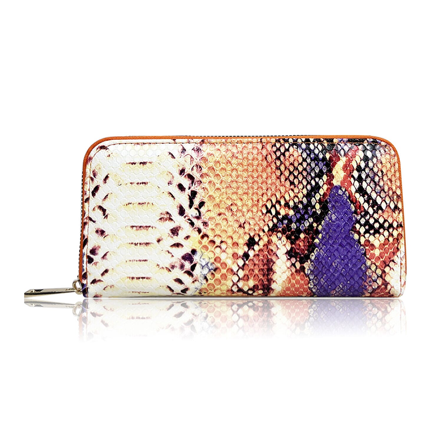 Closeout Deal - Set of 2 - Snake Pattern Zip Around Wallet (Size 19x10x3 cm) - Orange and Pink