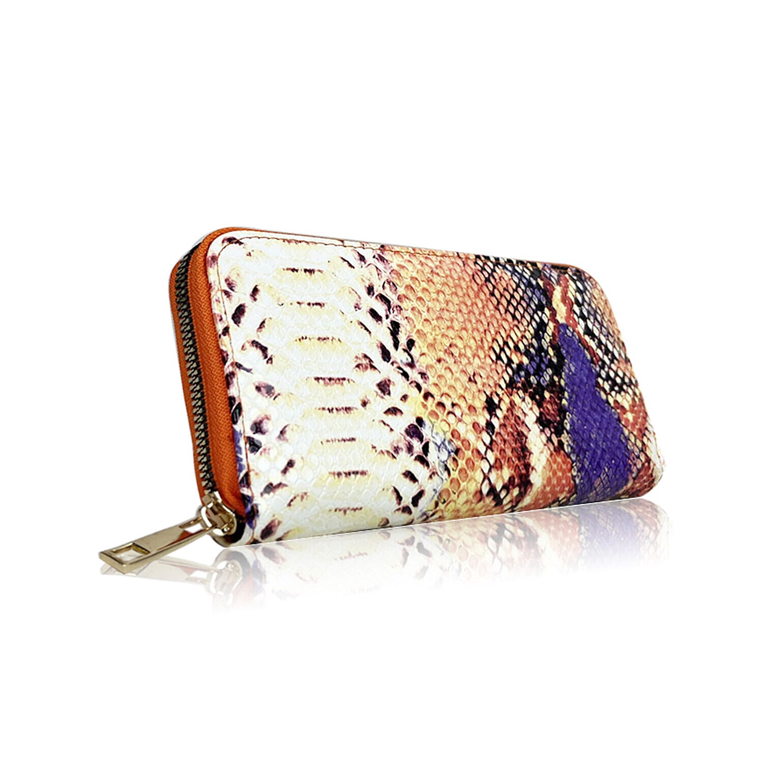 Closeout Deal - Set of 2 - Snake Pattern Zip Around Wallet (Size 19x10x3 cm) - Orange and Pink