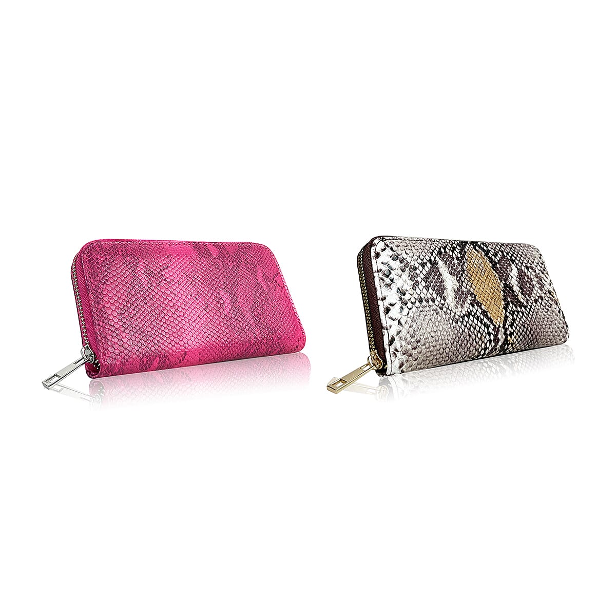 Set of 2 - Snake Effect Zip Around Purse - Pink & Beige