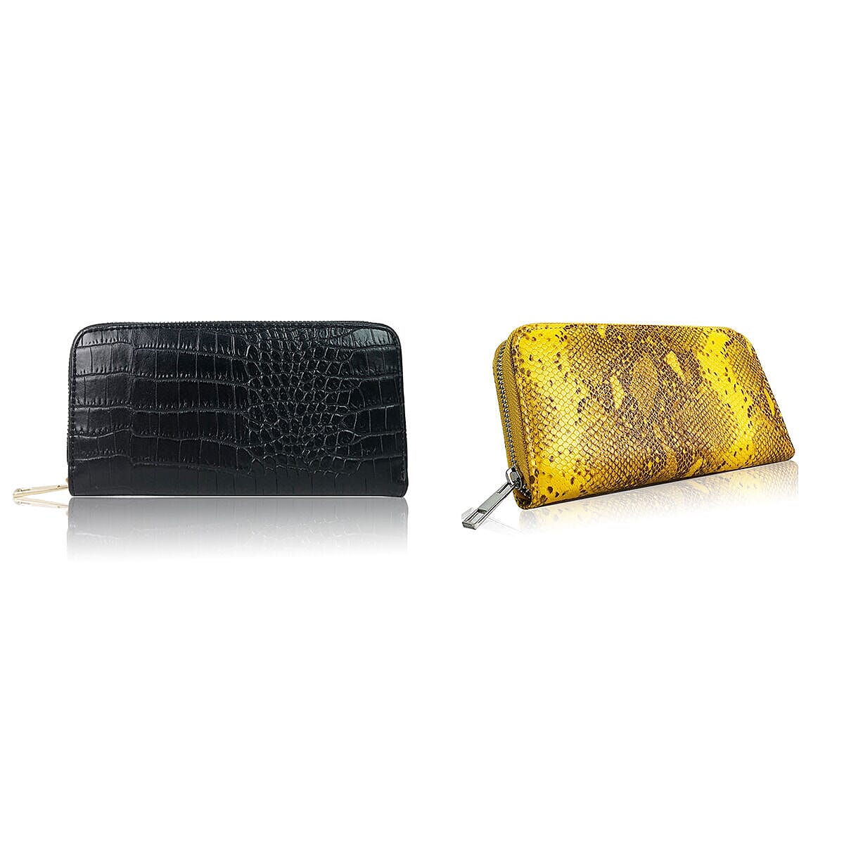 Closeout Deal - Set of 2 - Snake Pattern Zip Around Wallet (Size 19x10x3 cm)- Mustard and Black