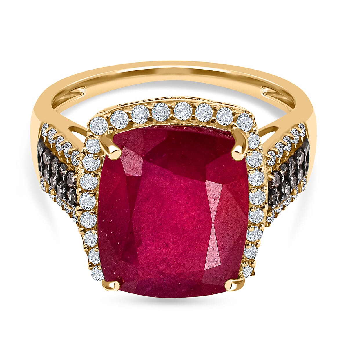 9K Yellow Gold AAA African Ruby, Natural Zircon and Champagne Diamond Ring 6.71 Ct.