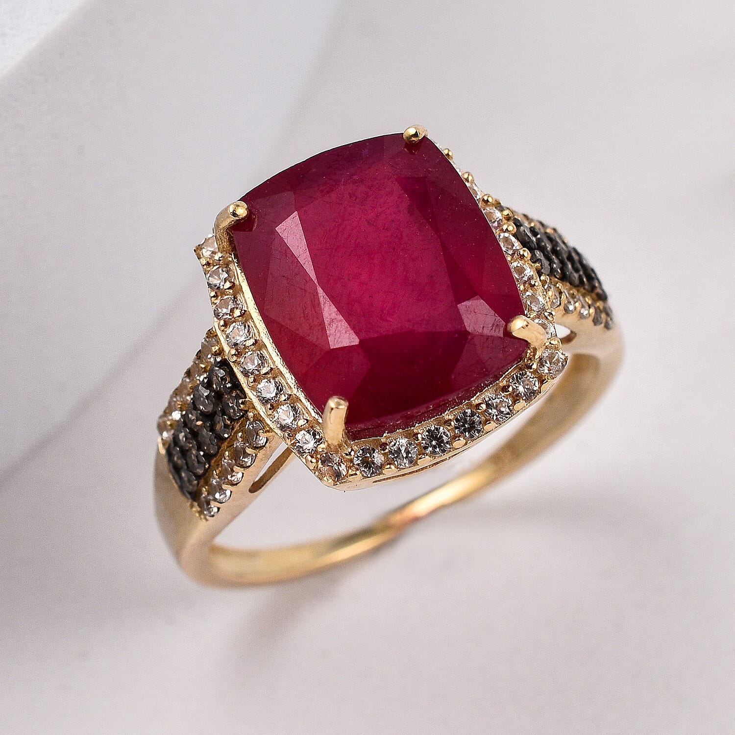 9K Yellow Gold AAA African Ruby, Natural Zircon and Champagne Diamond Ring 6.71 Ct.