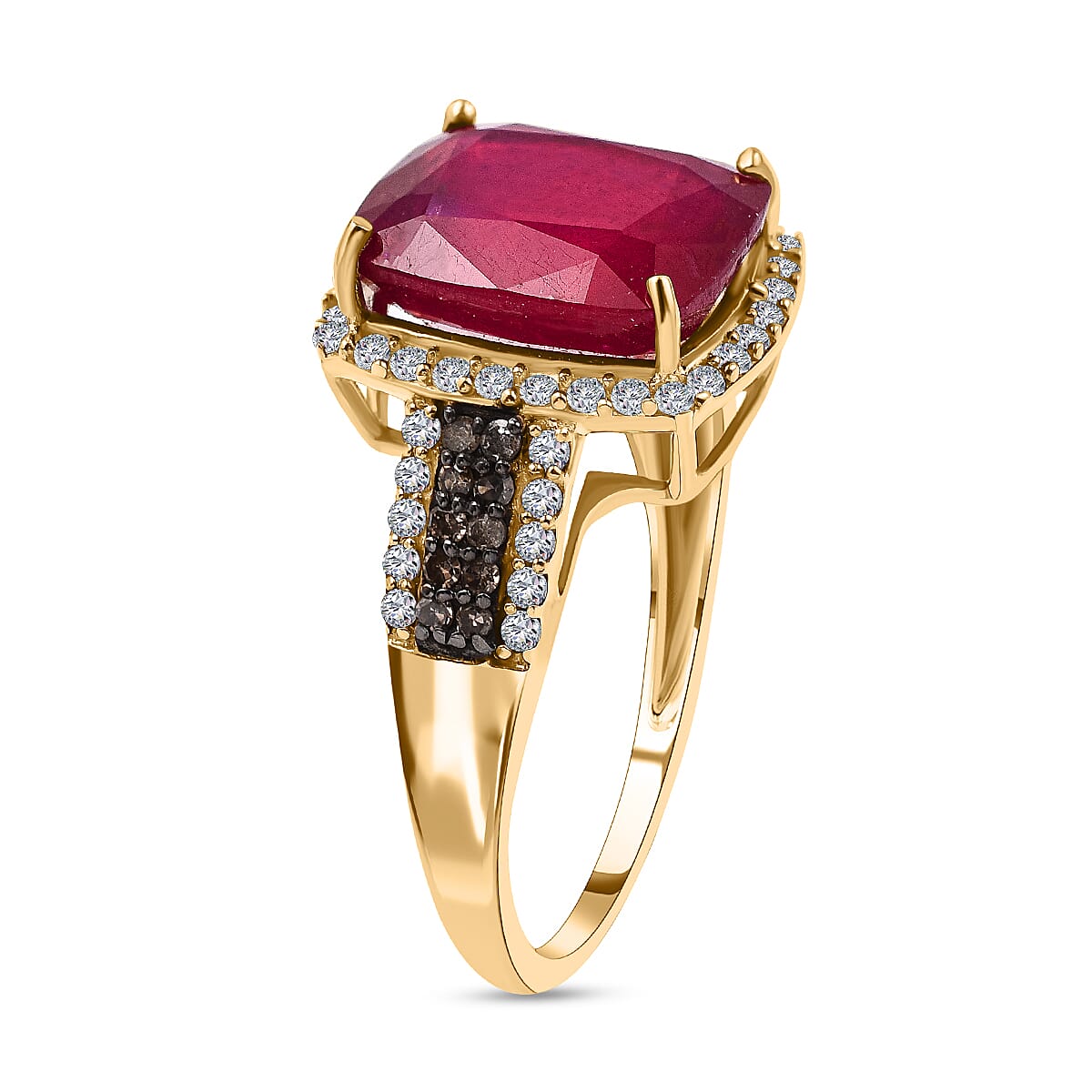 9K Yellow Gold AAA African Ruby, Natural Zircon and Champagne Diamond Ring 6.71 Ct.
