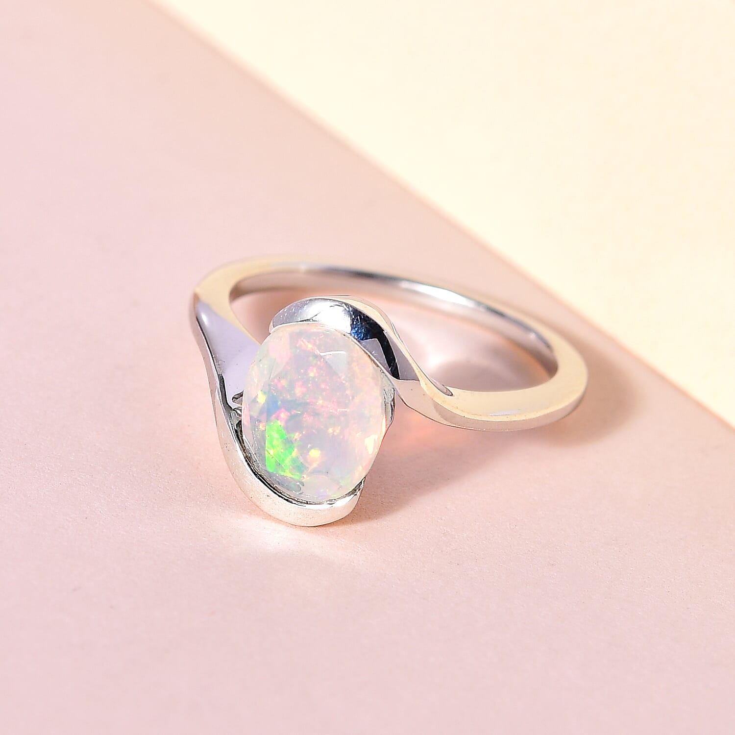 Ethiopian Welo Opal Bypass Solitaire Ring in Platinum Overlay Sterling Silver 1.096 Ct.