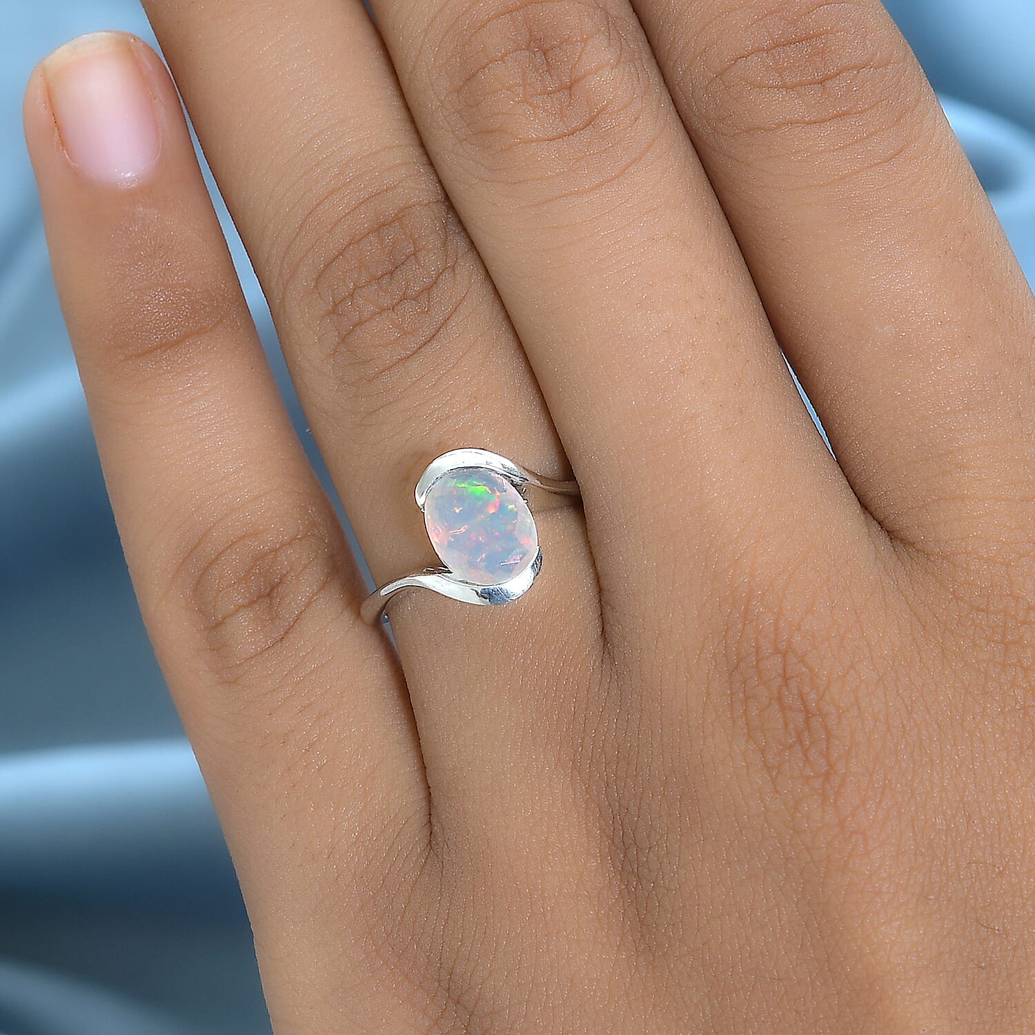 Ethiopian Welo Opal Bypass Solitaire Ring in Platinum Overlay Sterling Silver 1.096 Ct.
